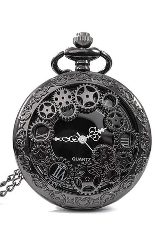 Steampunk Gunmetal Pocket Watch with Gears on Necklace Chain