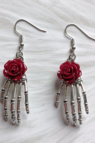 Dark Red Rose Skeleton Earrings | Angel Clothing