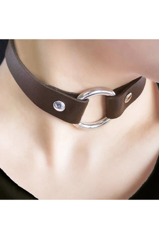 Brown Leather Look O-Ring Collar | Angel Clothing