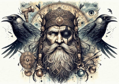 A montage of framed Oakhart mythology prints, showcasing various designs with Celtic and Norse gods and figures like Odin and Morrigan in epic settings.