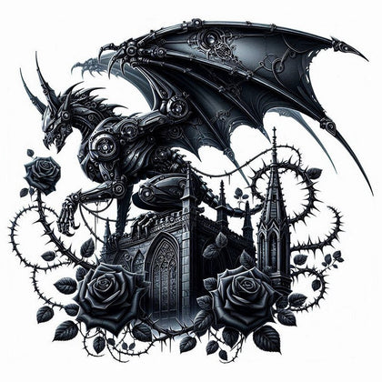 A montage of framed Oakhart gothic prints, showing scenes of vampires, a clockwork necromancer, and a pirate with a dark, elegant aesthetic.