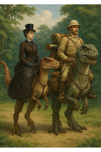 A detailed, high-resolution photo of the "Oakhart The Steampunk Aviatrix Print" in a decorative frame, highlighting the intricate mechanical and aesthetic details.