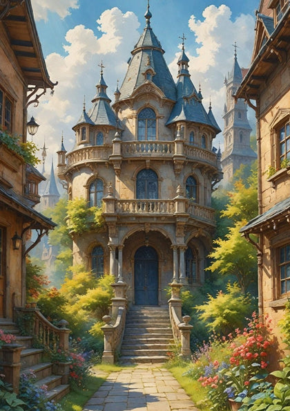 A montage of framed Oakhart architectural prints, featuring designs with castles, turrets, and fantasy buildings.