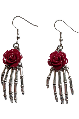 Dark Red Rose Skeleton Earrings