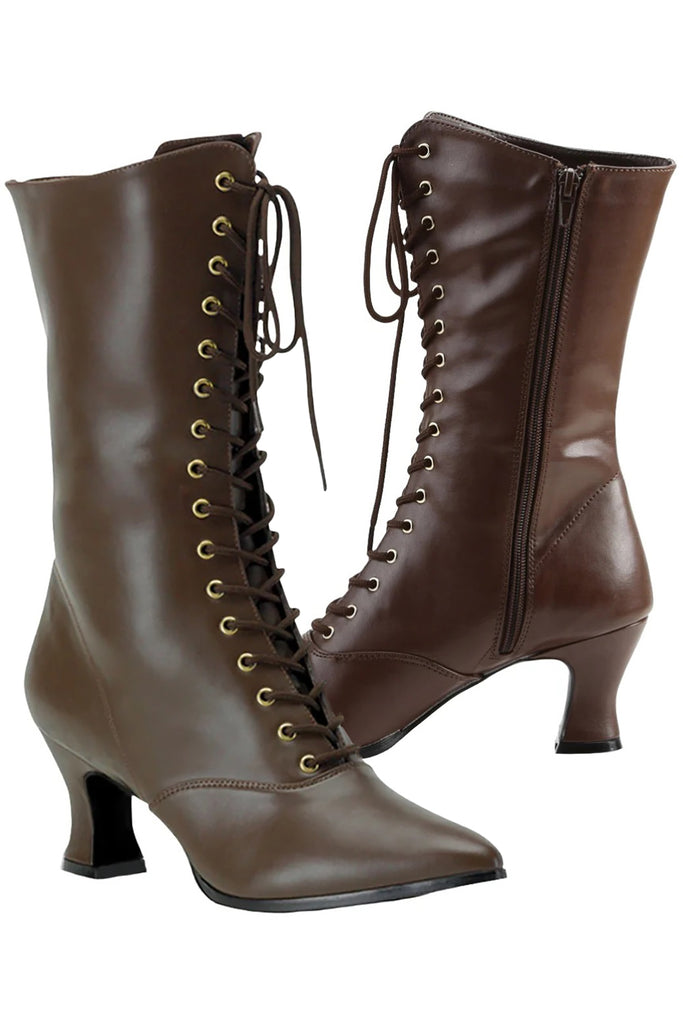 Funtasma Victorian-120 Black PU Mid-Calf Boots - 2.75" Heel, Front Lace-Up With Side Zip