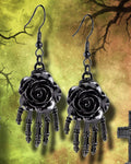 etNox Black Rose on Skeletal Hand Earrings | Angel Clothing