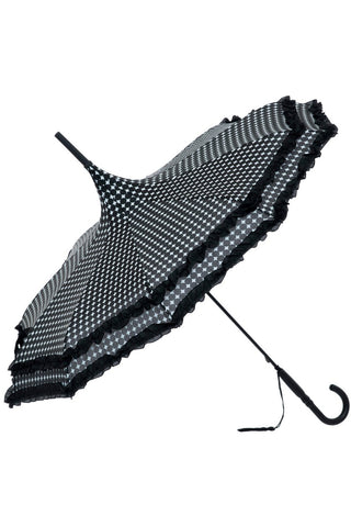 Black Polkadot Frilled Pagoda Umbrella / Parasol | Angel Clothing