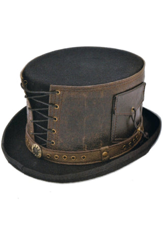 Steampunk Top Hat with Laced Brown Leather Hat Band | Angel Clothing